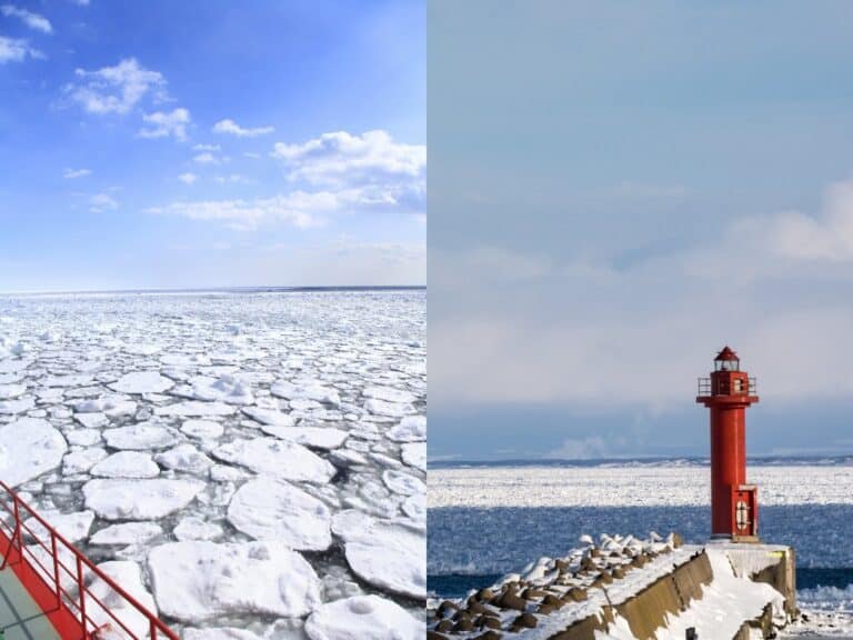 Scenes of the Sea of Okhotsk in winter, with pancake-shaped drift ice and a red lighthouse along Abashiri’s frozen coast, capturing the raw beauty of a winter Hokkaido itinerary.